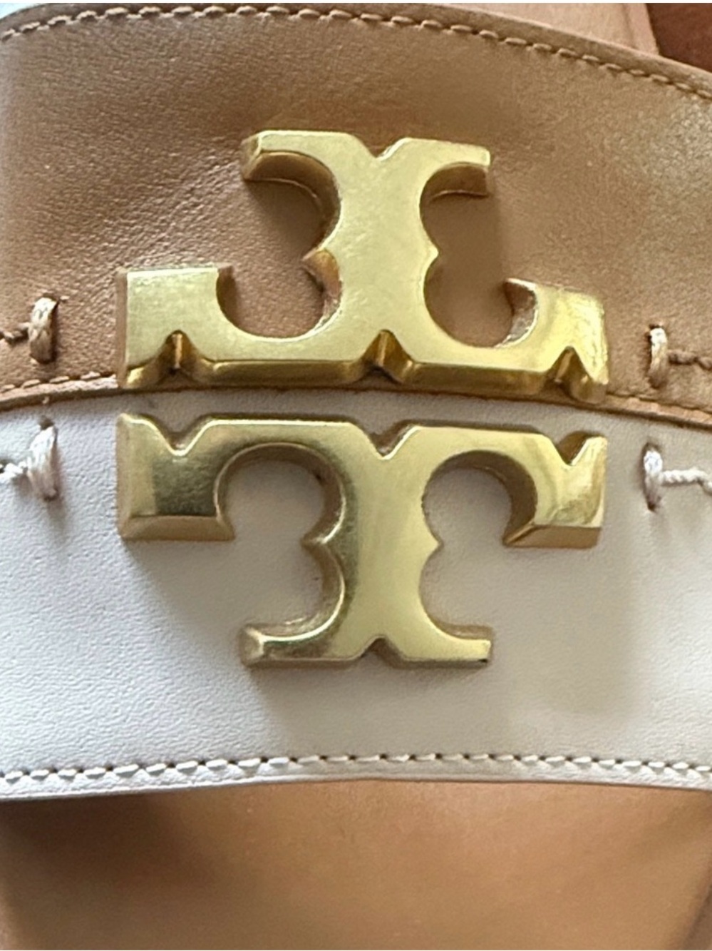 Tory Burch Tan and White Leather Slide with Gold Logo